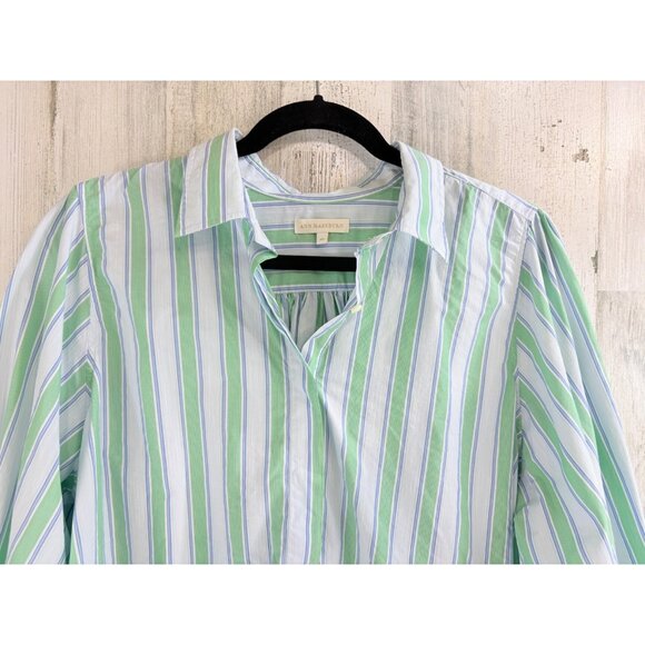 Ann Mashburn Sz XL Geraldine Popover Shirt Green Blue Stripe Poplin - Picture 2 of 16